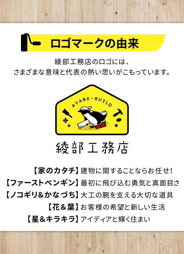 ロゴマークの由来　綾部工務店のロゴには、さまざまな意味と代表の熱い思いがこもっています。